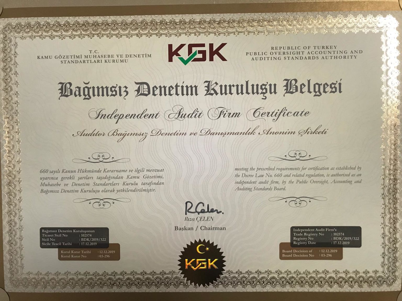 Bağımsız Denetim Kuruluşu Belgesi